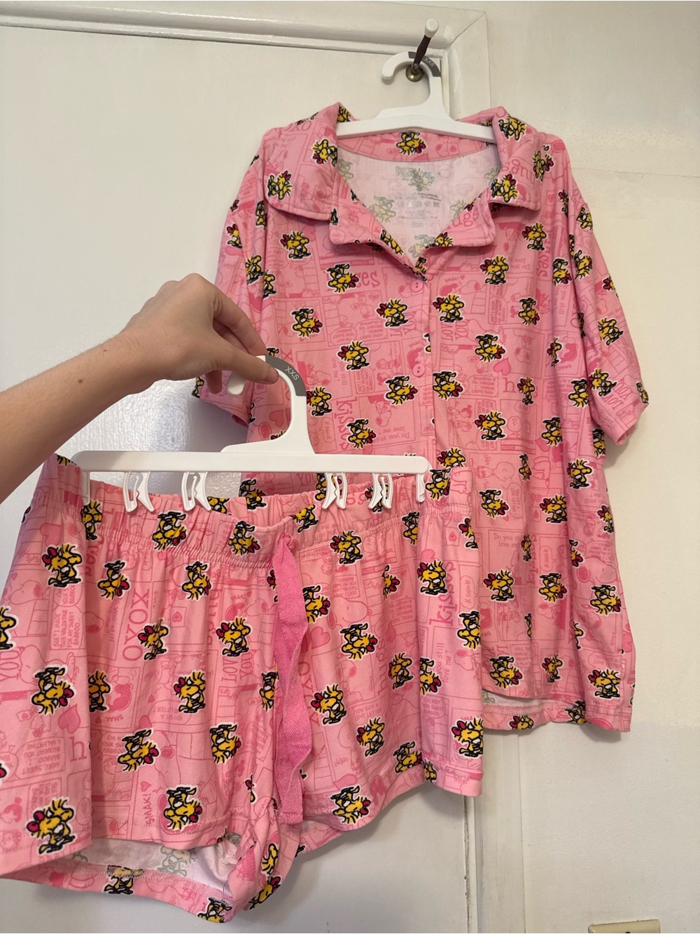 Peanuts Pink Short Pajama Set with Yellow Woodstock Print